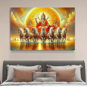 1pc Framed Canvas Wall Art - Radiant Deity & Armored Horses, Mahabharata-Inspired Spiritual Decor with Sunburst Background, Vibrant Mythological Poster for Living Room, Wrapped Wooden Frame, High-Quality Canvas Artwork, Large Canvas Wall Art