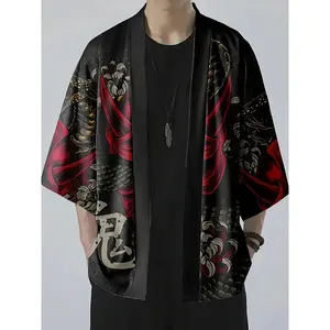 Three-quarter Sleeve Men's Japanese Style Ghost And Snake Illustration Pattern Kimono Shirt, Summer Fashion Tops For Street Wear With Open Placket Clothes Fabric