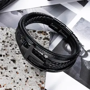 Multi-layer Braided Leather Bracelets With Magnetic Clasp Mens Cuff For Men Genuine Bracelet Religious Decorate Gift