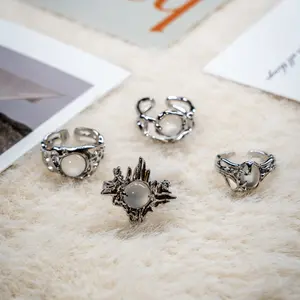 4 Pcs Silver Tone Fashion Rings Set B for Women Trendy Stackable Jewelry Accessories Waterproof Fade Proof Tarnish Resistant Adjustable Band Smooth Polished Finish