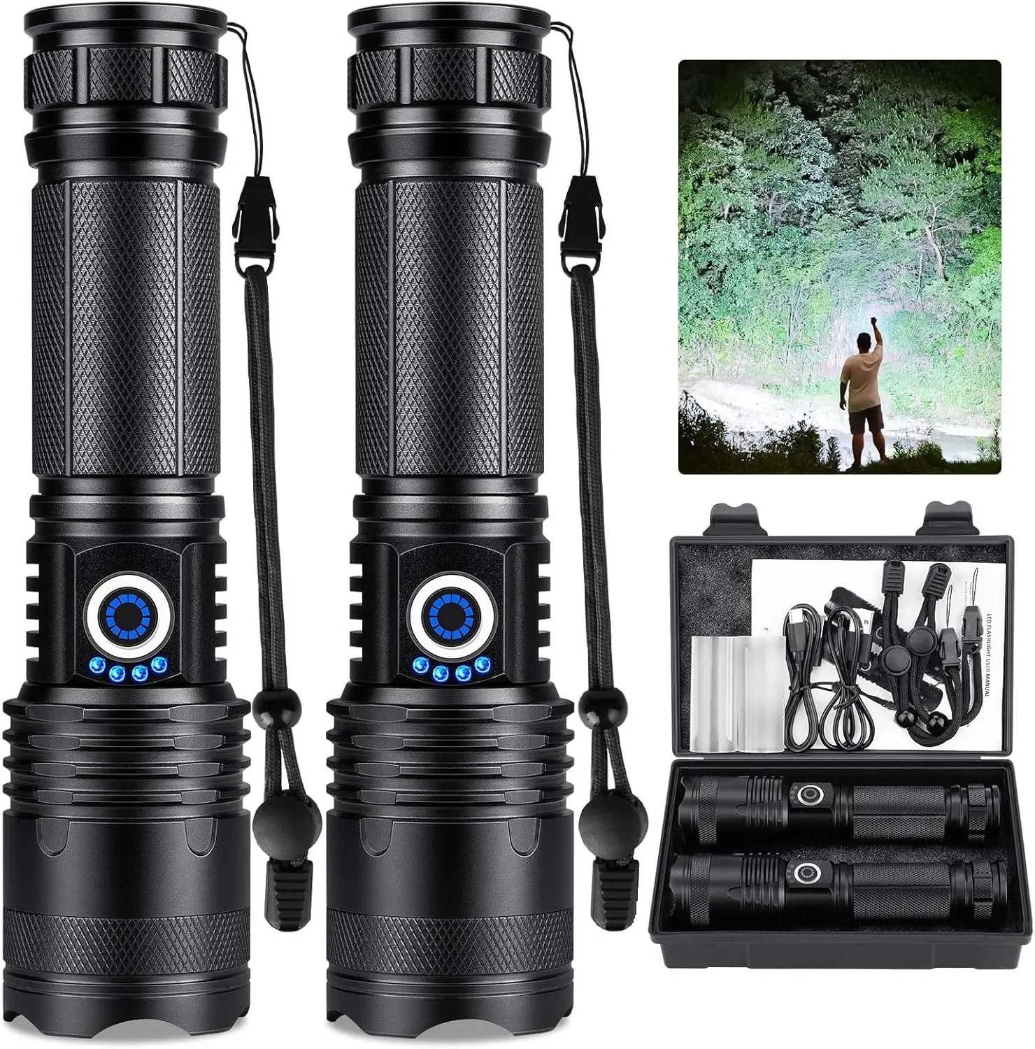 Rechargeable Led Flashlights high lumens, 2 Packs 99000 Lumen Super Bright Flashlight with 5 Modes, Powerful Waterproof Flash Light for Home,Emergencies,Camping lumen super bright flashlight，Christmas gift