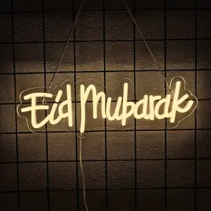 Eid Mubarak Neon Sign Warm White LED Neon Sign Eid Blessings Banner Lights Eid Courtyard Sign Decor Home Wall Decor