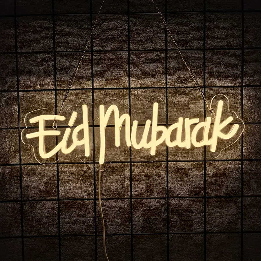 Eid Mubarak Neon Sign Warm White LED Neon Sign Eid Blessings Banner Lights Eid Courtyard Sign Decor Home Wall Decor