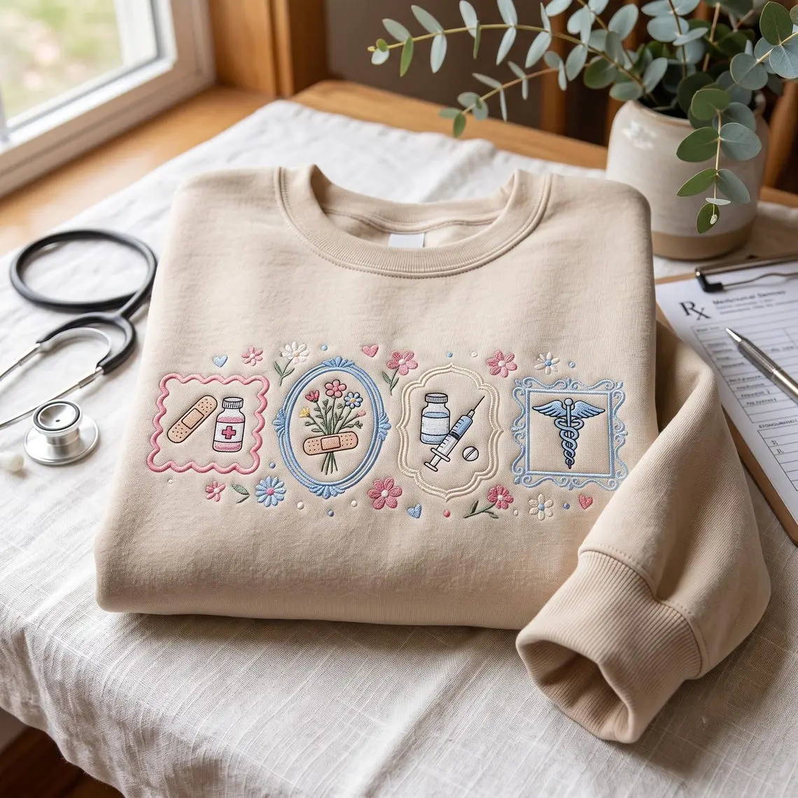 Women's Embroidered Nursing Crewneck Sweatshirt - Casual, Comfortable, Feminine Fit Garment with Hospital Medical Symbols, Cottagecore Florals for RN Gifts