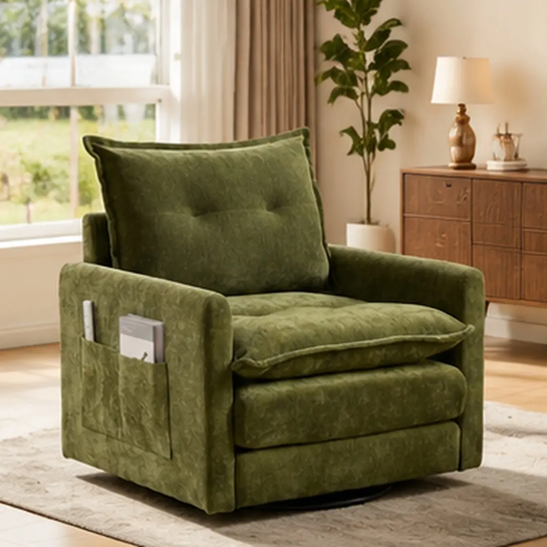 Swivel Barrel Chair Mid Century Modern Armchair with Chenille Upholstery, Thick Padded Seat, Memory Foam, Solid Metal Base, Side Pockets, Accent Chair for Living Room Bedroom Office, Multiple Colors, Beige/Brown/Gray/Mustard yellow Color Options