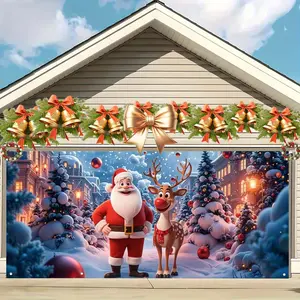 Christmas Santa Garage Flag, Large Fabric Door Cover for Outdoor Decoration, Outdoor Banners, Holiday Wall Art, Photo Booth Backdrop, Wedding Party Decor