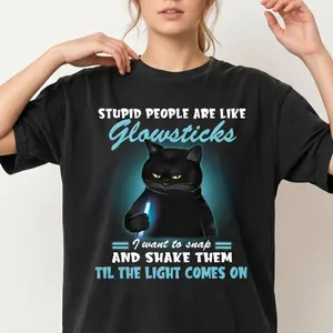 Comfort Colors 1717 Stupid People Are Like Glowsticks Funny Sarcastic Cat Shirt Vintage Oversized Graphic Tee Women Dark Humor Relatable Co-Worker Gag Gift Edgy Novelty Heavyweight Cotton Top Anti Social Introvert Apparel Tshirt Womenswear