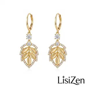 LisiZen 2026 Gold Plated Leaf Tassel Earrings, Dainty Cat's Eye Dangle Ear Jewelry DZEH6115