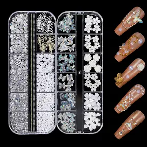 2Pcs 3D Acrylic Butterfly Flowers Bear Nail Charms, AB Crystal Rhinestones Multi Shapes Pearl Gold Metal Art, Decal Jewelry Accessories DIY Crafting