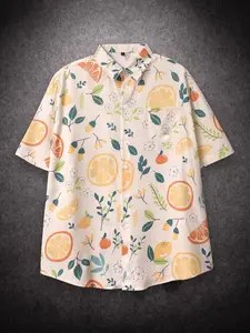 Men's Fruits & Floral Tropical Print Pocket Button Front Casual Buttons Collared Shirt, Loose Casual Short Sleeve Collared Top for Summer, Men's Clothes for Beach Vacation