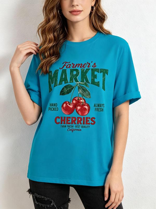 Women's Fitted Cropped Graphic T-Shirt - Retro Farmer's Market Cherry Print, 100% Cotton Short Sleeve, Backless, H-Type, Lightweight, Heat Transfer, Valentine's Day New Year Casual Top