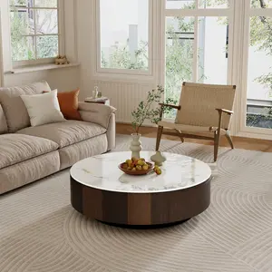 Sintered Stone Round Coffee Table 36 Inch Modern Living Room Table with Storage Drawer, Carbon Steel Base, No Assembly