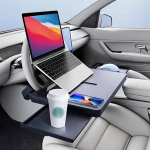 2 in 1 Large Steering Wheel Desk with Dual Slide-Out Trays & Laptop Holder, Steering Wheel Table Tray Fits for  , Adjustable Laptop Tray for
