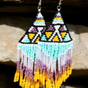 Handmade Seed Bead Earrings Yellow, Purple, Turquoise & White with Colorful Seed Beads and Turquoise Accents