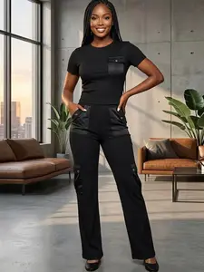 Women's Casual Slim Fit Set Womenswear, Long Sleeve Top and Wide Leg Pants, Patchwork Design, Pocket Detail, All Seasons Wear