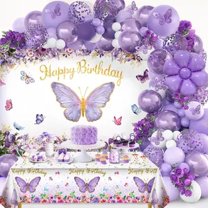 Butterfly Party Decorations, Girls Birthday Themes Decorations with Balloon Arch Kit Butterfly Photography Backdrop Banner and Tablecloth for Girls Women Butterfly Birthday Decor