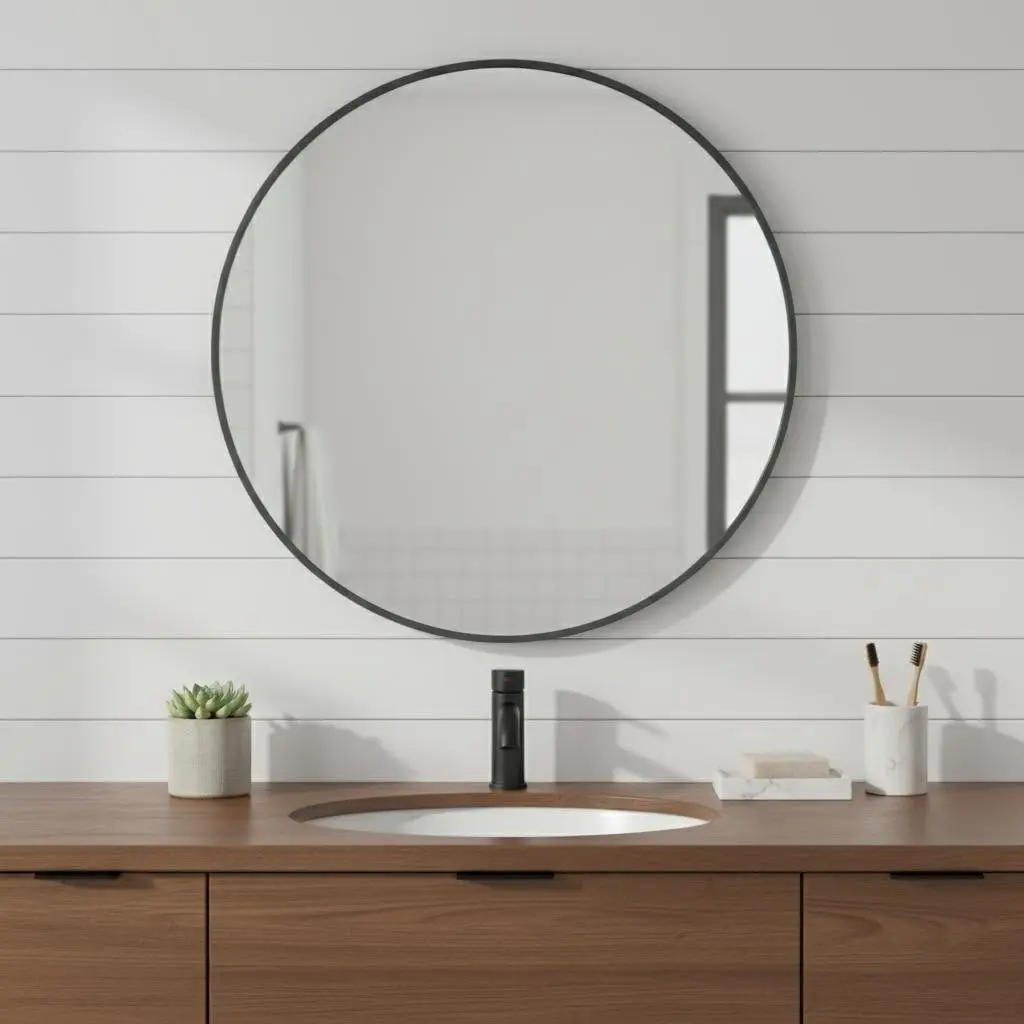 360 Stand Round Bathroom Vanity Mirror, 24x24 in., Modern Waterproof, Black Metal Frame, Wall-Mounted, with Partial Assembly, Glass Bathroom Mirrors, Bedroom, Living Room, Wall Mirror