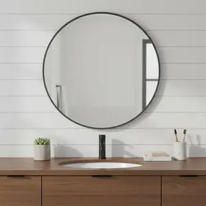 360 Stand 24x24 in. Modern Waterproof Round Shape Bathroom Vanity Mirror, Black Metal Frame