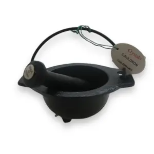 Crystalo Cast Iron Cauldron with Mortar Caldero Bowl - 5" Inch Ritual Tool for Herbs and Spices Religious Decor