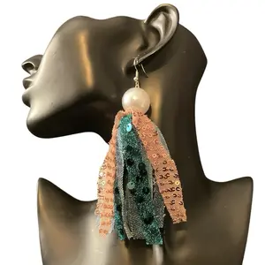 Sequin and Denim Faux Pearl Tassel Earrings