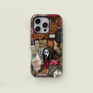 Vintage horror Halloween phone case Cover, Casing, ghost face and pumpkin art 2 in 1 phone case, with durable, shock-absorbing, Protective, stylish design. Compatible with iPhone 11 12 13 14 15 16 Pro Max Pro Plus Samsung Galaxy S25 S24 S23 Ultra