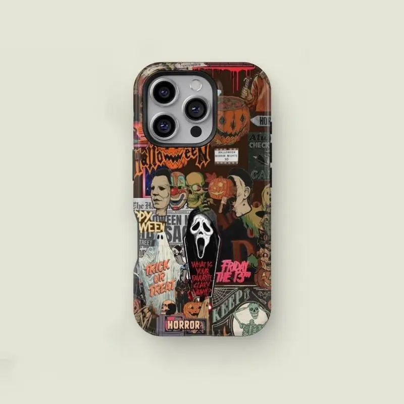 Vintage horror Halloween phone case Cover, Durable cover, ghost face and pumpkin art 2 in 1, with shock-absorbing, Shockproof design, Compatible with iPhone 11 12 13 14 15 16 Pro Max Samsung Galaxy S24 S23 Ultra