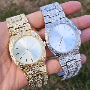 MaxBling81 Men's Wristwatch Iced Luxury Hip Hop Golden Nugget Design Bling Wrist Metal Shiny Fashion Watch Analog 42mm Gold/Silver