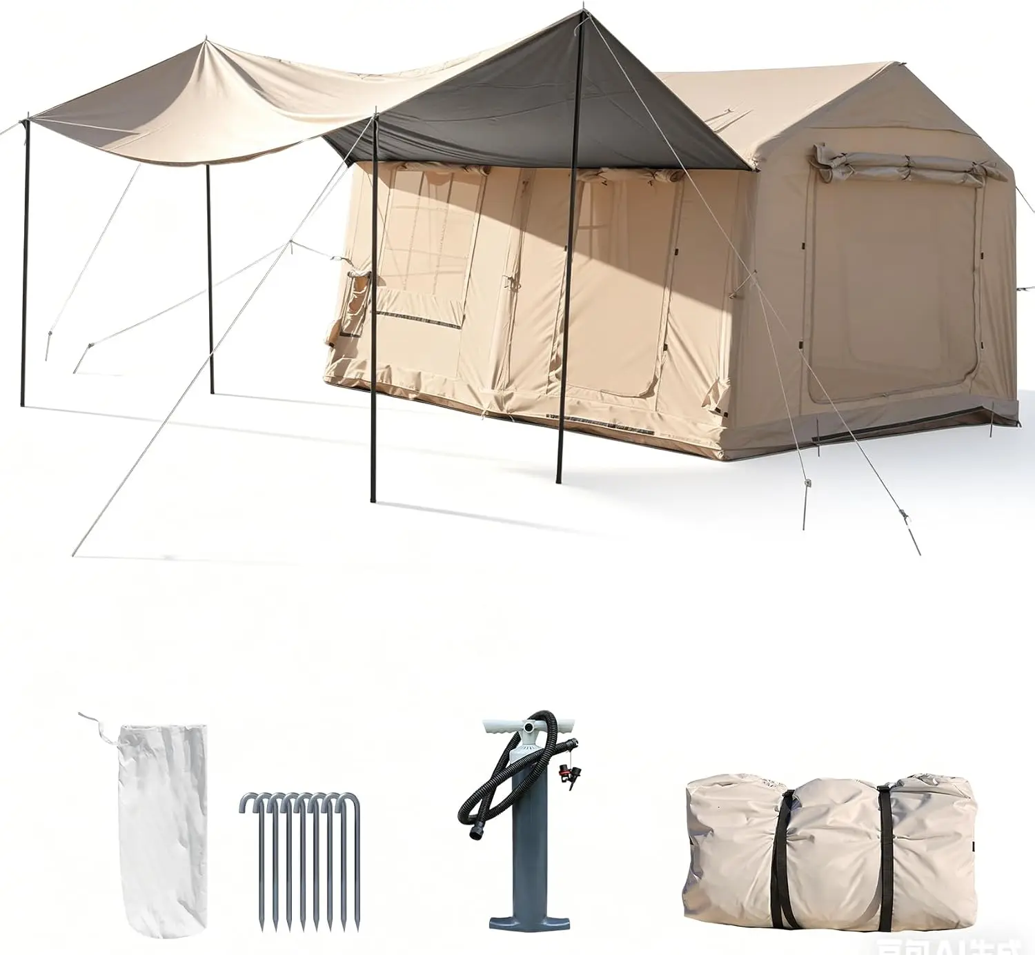 Luxury Large Inflatable Canvas Camping Tent, Skylight Stove Jack | 4-Season Cotton Hot Glamping Air Cabin House Tent, Easy Set Blow Up Big Family XXL AC Port Winter 6-8-10-12 person