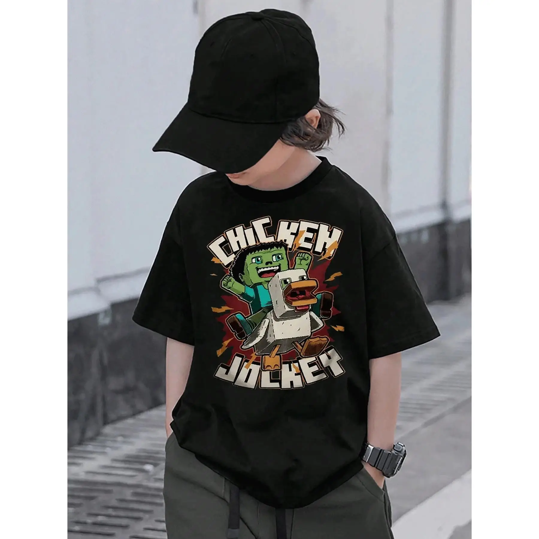 Boy's Cool Graphic Tee Shirt Style Chicken Jockey Print Fun Summer Casual Top For Kids Unique Cartoon Design Short Sleeve TShirt