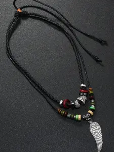 Vintage Alloy Feather Pendant Necklace, Dual Layer Beaded Turquoise Wooden Beads, Fashionable Personalized Accessory