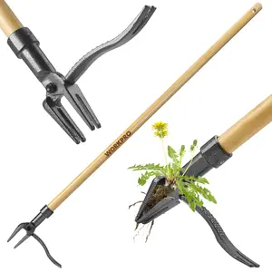 #SpringGlowUp WORKPRO Weed Puller Tool with 44” Bamboo Handle, Heavy-Duty 4-Claw Cast Iron Head, Stand-Up Weeder with Foot Pedal for Dandelions, Thistles, Crabgrass, Easy Root Removal Without Bending or Kneeling