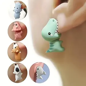 Charming" 14-Piece Cute Animal Earrings Set - Dinosaur, Puppy & Whale Designs - Fun Clay Bite Jewelry Gift Piece Funny Gifts and Accessories