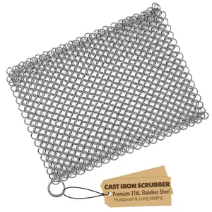 Cast Iron Scrubber 316 Stainless Steel Skillet Cleaner 8"x6" Chainmail Scrubber Scraper Chain Mail Link Scrub for Cast Iron Pre-Seasoned Pans, Griddles, BBQ Grills, and Pot Cookware Cleaning