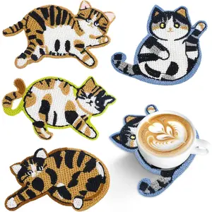 Cute Cat Woven Coasters (4 Pcs, Style A) - Crochet Knitted Insulation Tableware for Coffee Tea Tables, Home Decor Items, Creative Gifts for Cat Lovers