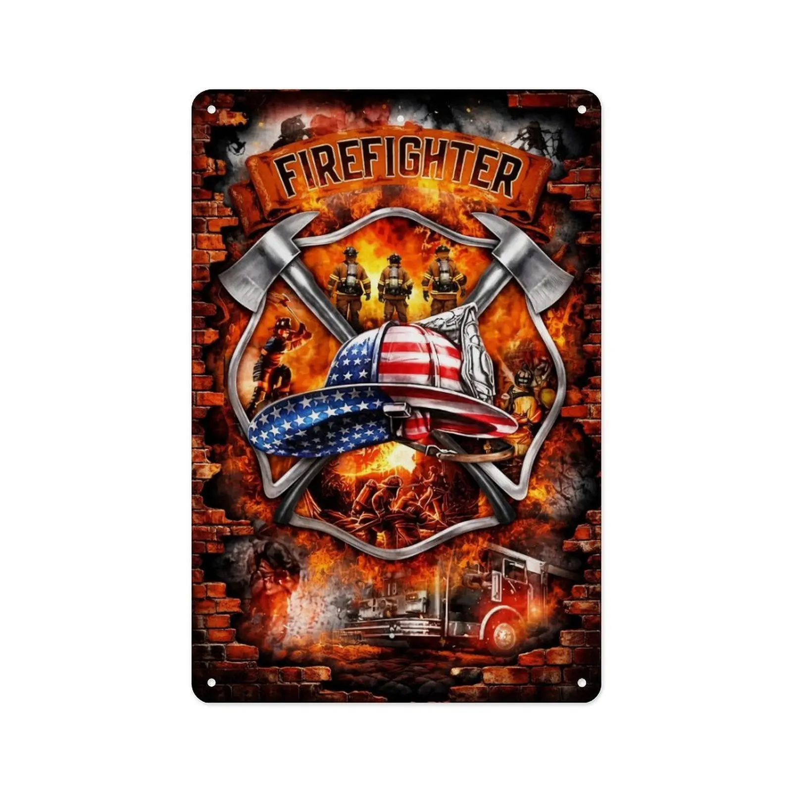 Vintage Metal Firefighter Tin Sign, American Flag Fire Helmet Maltese Cross Fire Truck Brick Wall Art Plaque, Patriotic Fireman Wall Decor for Man Cave Garage Fire Station, Firefighter Hero Gift Easy to Hang 8x12 Inch