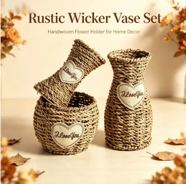 Handwoven Straw Wicker Vase, Rustic I Love You Heart Decor Flower Basket, Natural Rattan Flower Holder for Dried Flowers, Farmhouse Home Table Decor, Wedding Party Decoration