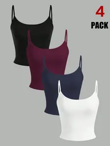 TFNOSIZE 4-Pack – Women’s solid-color adjustable thin-strap camisoles — casual, comfortable, minimalist, sexy backless tops; breathable athletic cropped tank tops suitable for everyday wear and vacation outfits; women’s apparel for all seasons