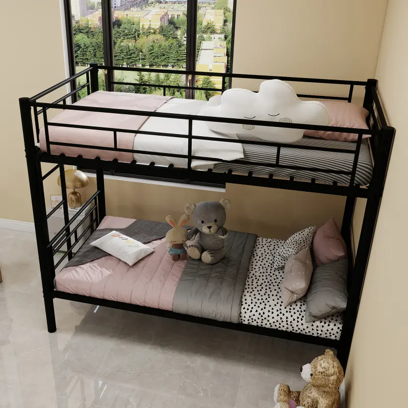 Twin Over Twin Heavy-Duty Metal Bunk Bed, Convertible to 2 Beds with Built-in Ladder and Safety Guardrail, Space-Saving, Noise-Free, No Spring Box Required