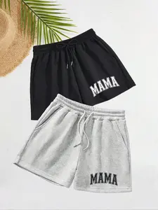 Women's Letter Print Drawstring Waist Shorts, Casual Elastic Waist Pocket Shorts for Summer, Ladies Bottoms for Daily Wear