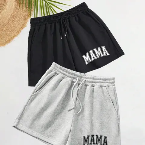 Women's Letter Print Adjustable Drawstring Waist Shorts, Casual Loose Shorts, Casual Elastic Waist Pocket Shorts for Summer, Ladies Bottoms for Daily Wear, Drawstrings Shorts, Womenswear