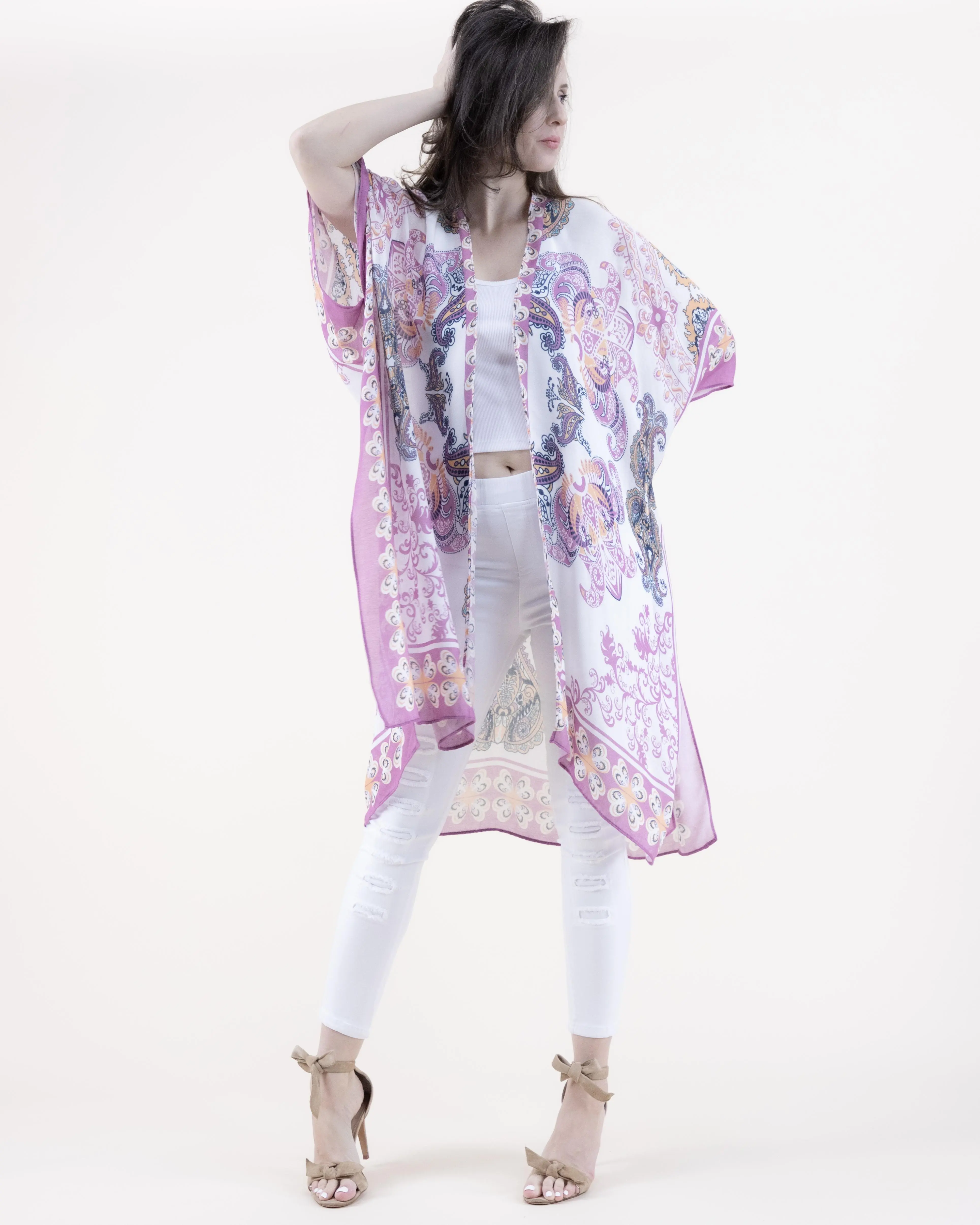 Boho Paisley Flower Border Print Kimono Women's Clothes Casual Gamis Uniforms Workwear Fabric Fit Sleeve Beach Outfit for Spring Summer Womenswear Bohemian Lightweight Breathable Chic Elegance Floral