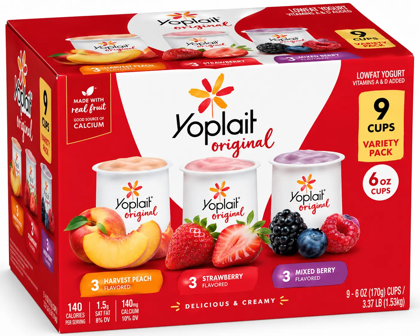 Yoplait Original Lowfat Yogurt Variety Pack, 6 oz Cups, 9 Count – Harvest Peach, Strawberry & Mixed Berry