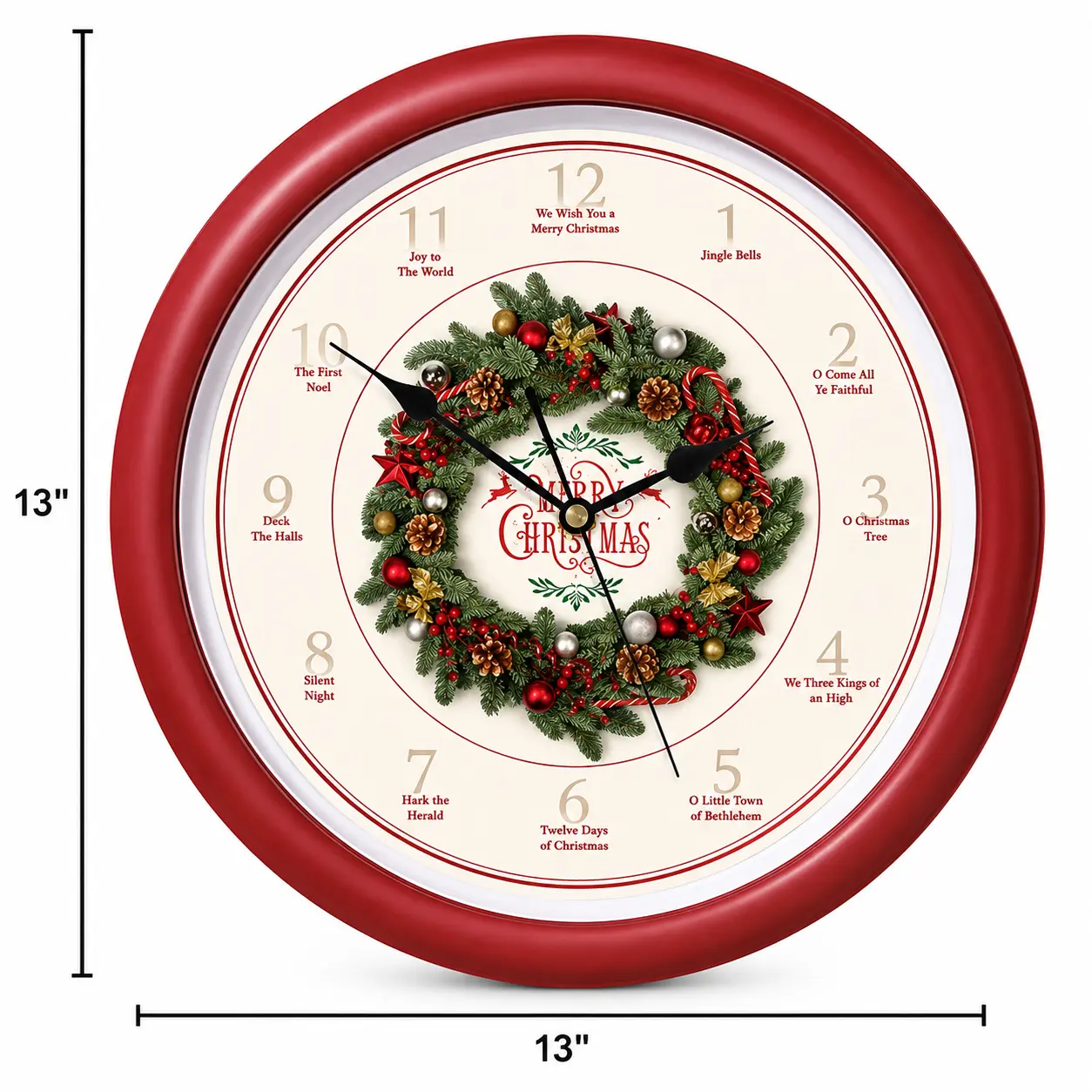 Christmas Wreath Musical Wall Clock 13 Inch Red Holiday Decor with 12 Carol Songs Light Sensor Battery Operated
