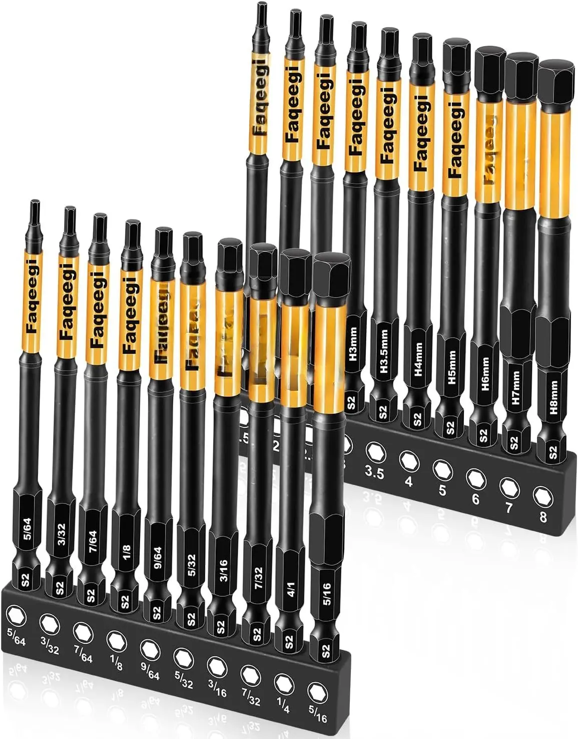 20 count 4" Hex Bit Set (Metric & SAE), High-Torque Resistant Impact Allen Wrench Bits,  S2 Steel 1/4" Hex-Shank,  CNC Tips for Drill & Driver