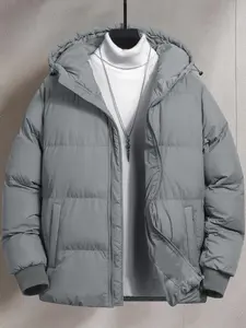 Men's Plain Pocket Zip-Up Thick Warm Hooded Puffer Jacket, Regular Fit Long Sleeve Winter Coat, Ideal for Cold Weather & Outdoor Activities