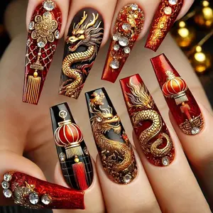 24pcs Chinese Imperial Style Gold Dragon Nail Tips, Reusable Detachable False Nails, With 1pc Jelly Nail Tabs & 1pc Nail File, Nail Art Set