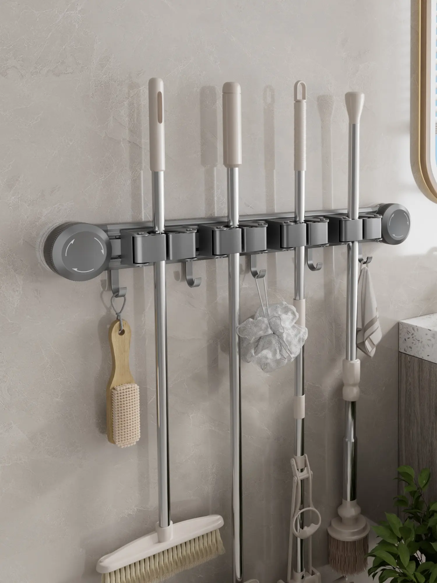 Stainless steel Suction Cup Mop Broom Holder with Hooks, No Drill Wall Mount Mop Organizer, Removable Vacuum Suction Mop Rack for Bathroom Kitchen Storage #MopHolder#SuctionCupOrganizer#BroomHolder#BathroomStorage#NoDrillHooks
