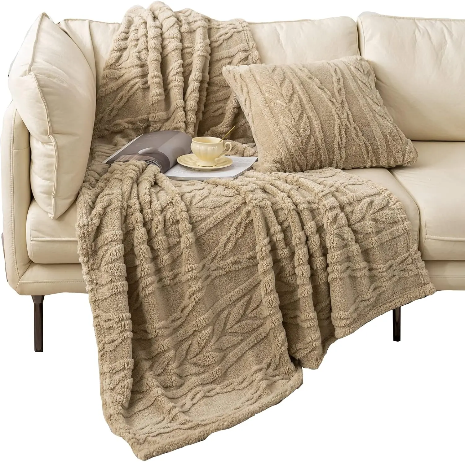 Fleece Large Throw Blanket, Tan, 50"x65"| 3D Stylish,320GSM, Non-Shedding, Lightweight for All Season Use, stays after repeated washes, Perfect Gifts