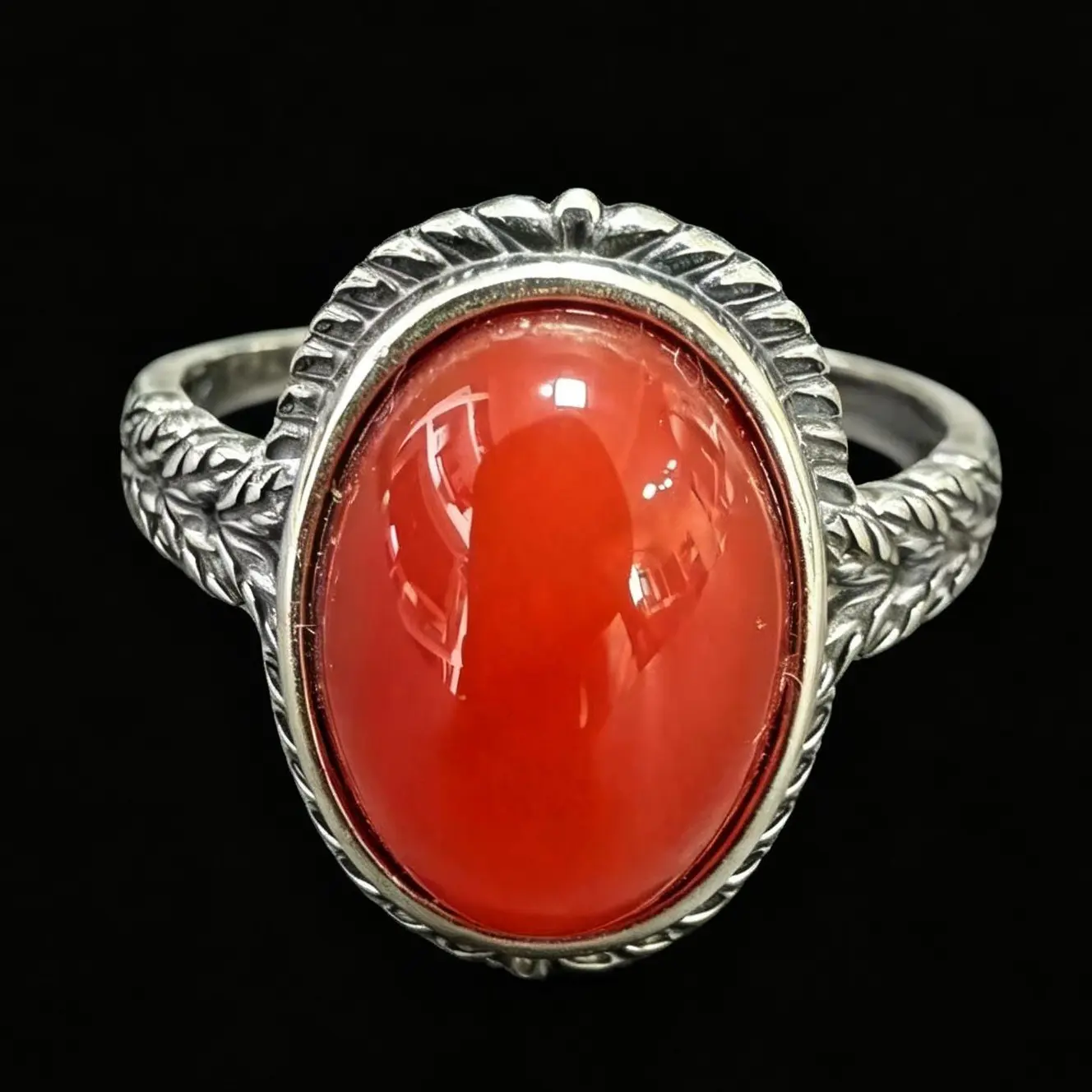 Boho Vintage Wheat Leaf 925 Sterling Silver Adjustable Ring, Bezel-Set Natural Carnelian for Casual Wear, Adjustable Rings, Bezel Set Ring