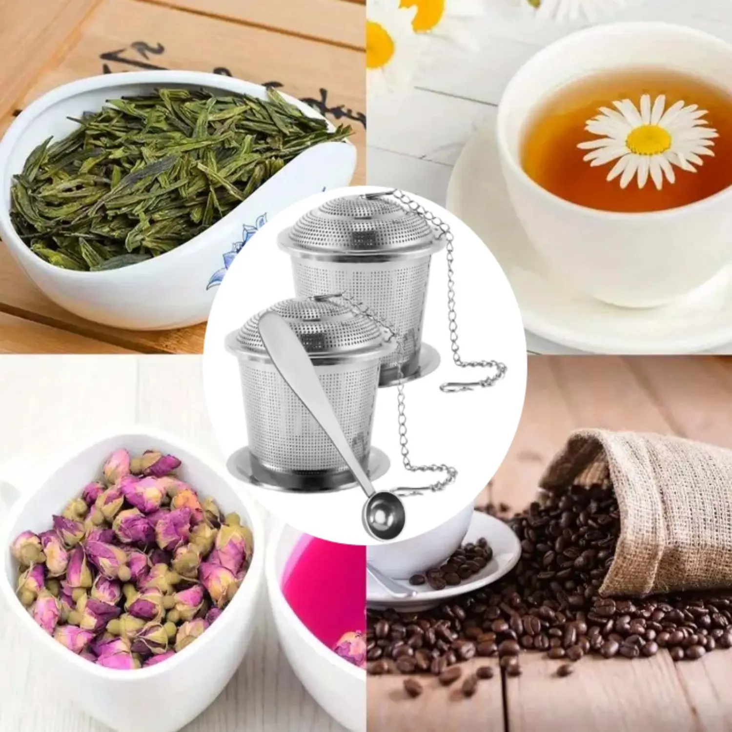 Stainless Steel 2-Piece Small Chained Lid Spice Infuser with Mesh Grid - Compact Fit Kitchen Tray Filter, Coffee & Tea Strainer, Adult Cooking Seasoning Separator